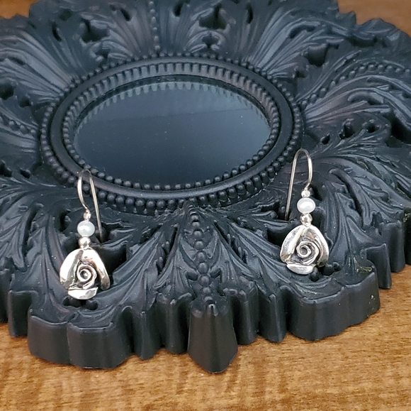 PZ ISRAEL Sterling Rose Earrings with White Cultured Pearl 1.25”L - Picture 6 of 15